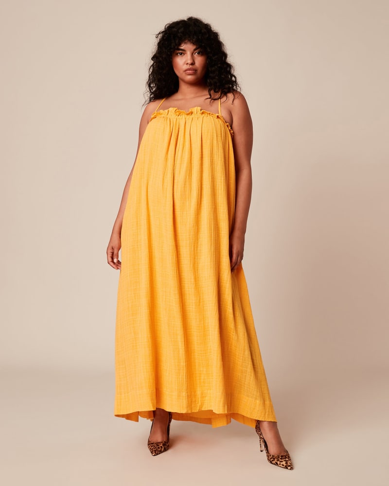 Front of a model wearing a size XL Pina Spaghetti Maxi in Mimosa by Apiece Apart. | dia_product_style_image_id:219075